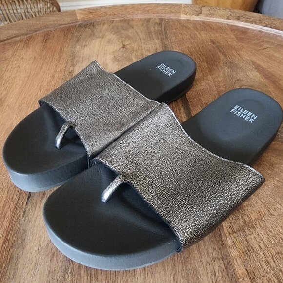 Eileen Fisher Metallic Gray Silver Leather Slip On Flat Thong Sandals Womens 8.5 - Picture 8 of 9